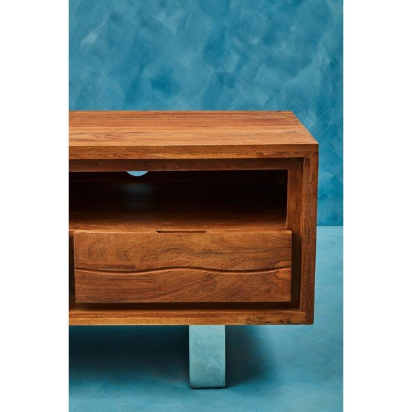 Mobile TV colore naturale scuro in acacia massiccia 140x52x50 cm Simla – Premier Housewares-image-3