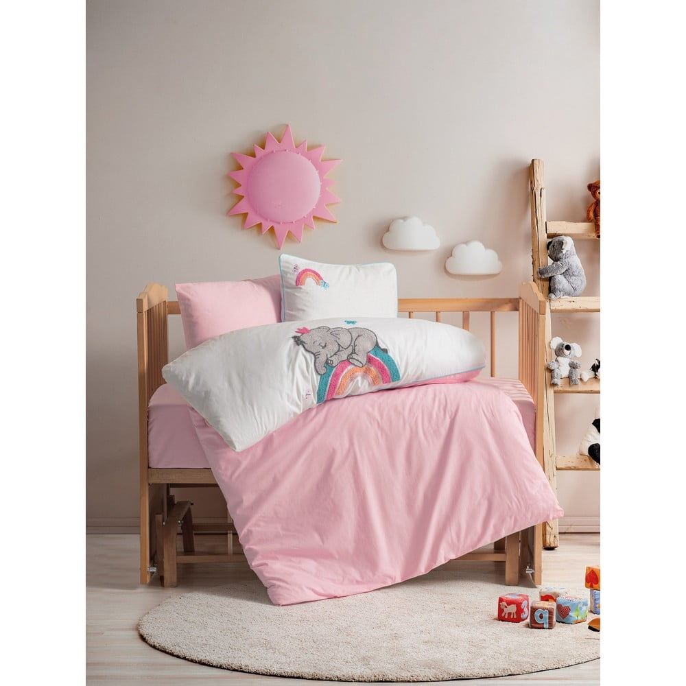 Set copripiumino e federa da bambini bianco/rosa in cotone per culla con lenzuolo incluso/4 pezzi 100x150 cm Lucky – Mijolnir | Biancheria da letto per bambini