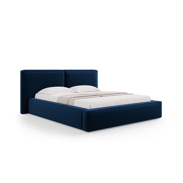 Letto matrimoniale imbottito in blu scuro in velluto con contenitore con rete inclusa 200x200 cm Arendal – Cosmopolitan Design-image-4
