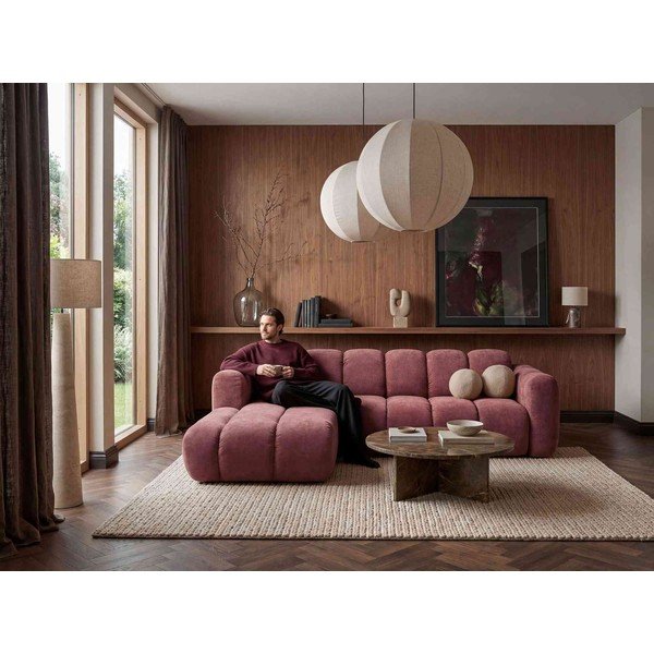 Divano angolare rosso allungabile (con penisola a sinistra) con rivestimento in ciniglia Michell – Miuform-image-4