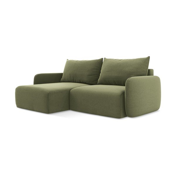 Divano angolare verde allungabile/con contenitore (con penisola a sinistra/con chaise lounge) con rivestimento in velluto Kalena – Makamii-image-2