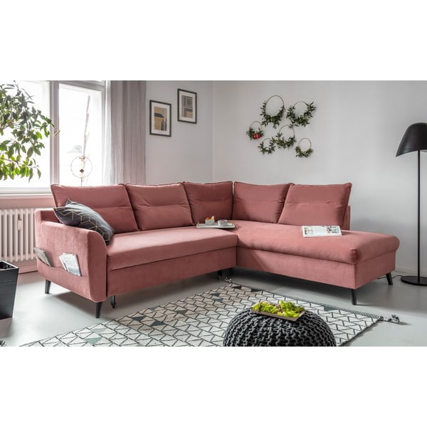 Divano letto angolare in velluto rosa L, angolo destro Stylish Stan - Miuform-image-3