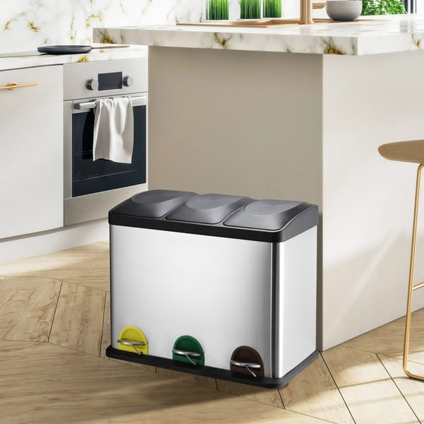 Cestino per la spazzatura color argento opaco in acciaio per raccolta differenziata/con pedale 3x20 l   Tri Selectif – MSV-image-1