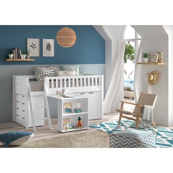 Letto da bambini rialzato bianco in pino massiccio con contenitore con rete inclusa 90x200 cm Scott – Vipack-image-1