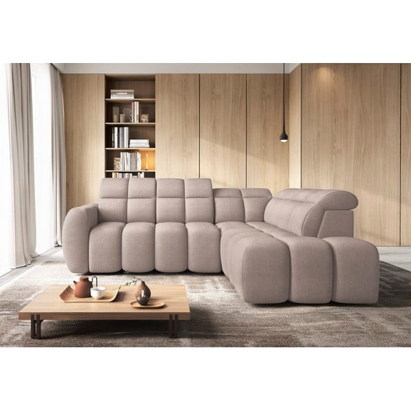 Divano angolare marrone chiaro allungabile/con contenitore (con penisola a destra/a L) e rivestimento in bouclé Falconn – ELTAP-image-3