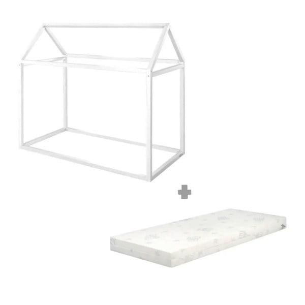 Letto da bambini a forma di casa bianco in pino massiccio con materasso incluso e rete non inclusa 70x140 cm House Bed – Roba