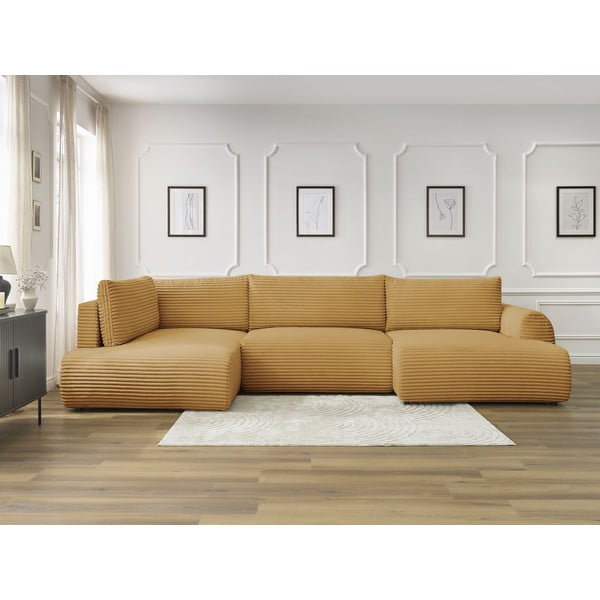 Divano angolare color senape allungabile/con contenitore (con penisola a sinistra/a U) con rivestimento in velluto a coste Lucien – Bobochic Paris-image-1