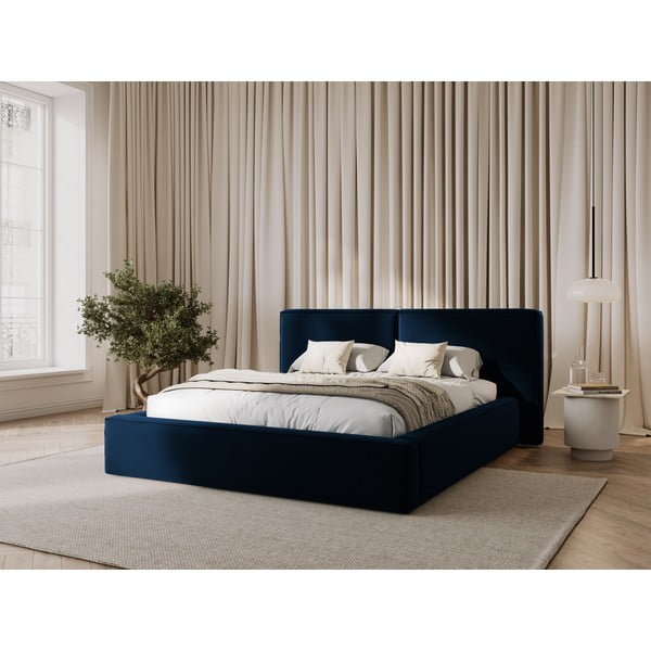 Letto matrimoniale imbottito in blu scuro in velluto con contenitore con rete inclusa 200x200 cm Arendal – Cosmopolitan Design-image-1