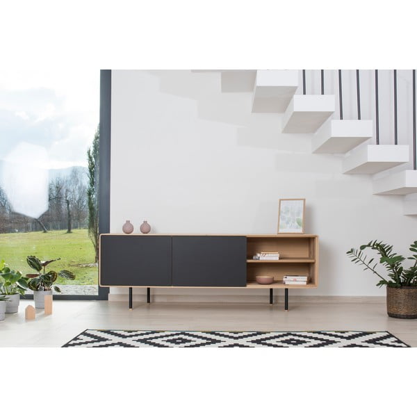 Mobile TV nero-color legno naturale in legno di quercia 180x64 cm Fina - Gazzda-image-1