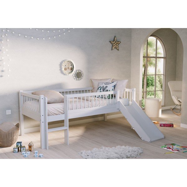 Letto da bambini rialzato bianco in rovere massiccio con scivolo con rete inclusa 90x200 cm Forrest – Vipack-image-1
