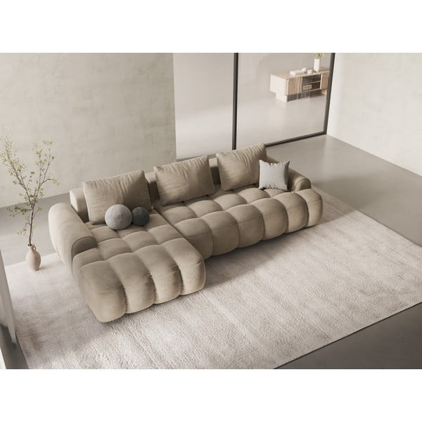 Divano angolare beige allungabile/con contenitore (con penisola a sinistra/con chaise lounge) con rivestimento in velluto Linz – Cosmopolitan Design-image-1