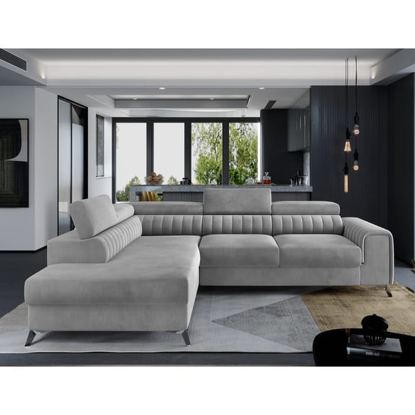 Divano angolare grigio allungabile/con contenitore (con penisola a sinistra/a L) e rivestimento in velluto Laurence – ELTAP-image-1