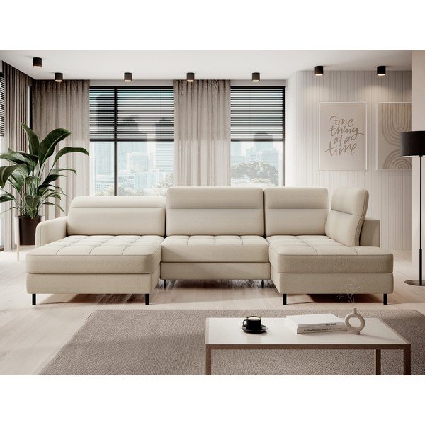 Divano angolare beige allungabile/con contenitore (con penisola a destra/a U) e rivestimento in velluto Berrto – ELTAP-image-1