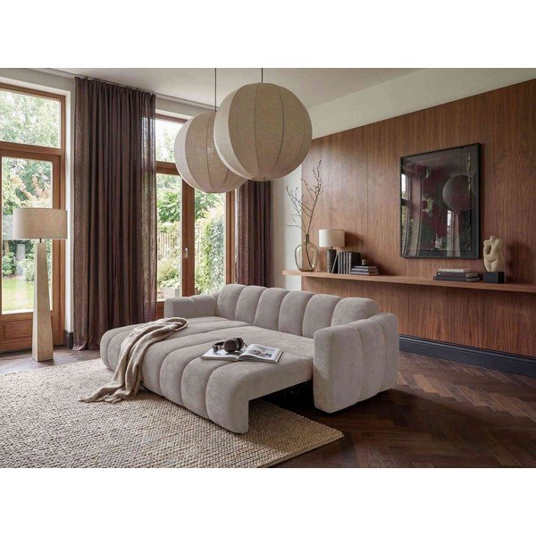 Divano angolare beige allungabile (con penisola a sinistra) con rivestimento in ciniglia Michell – Miuform-image-1