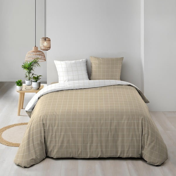 Set copripiumino e federa bianco/beige in cotone per letto matrimoniale 200x200 cm Cadria – douceur d'intérieur-image-1