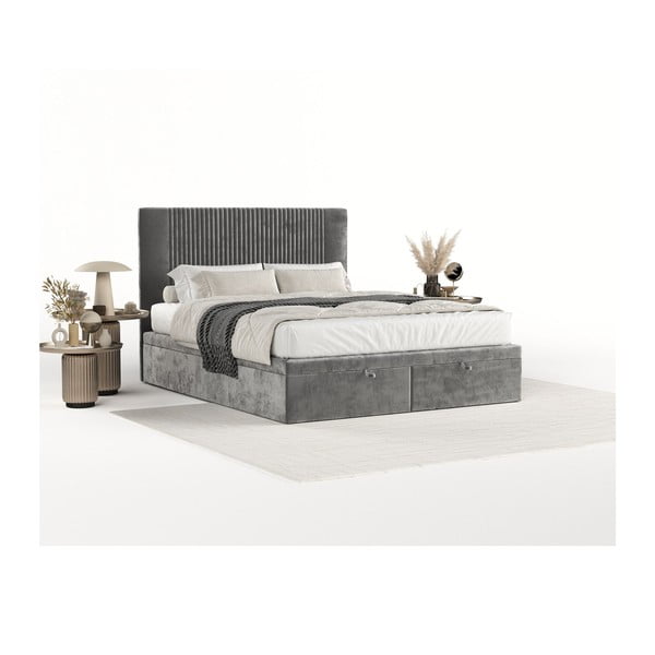 Letto matrimoniale imbottito grigio con spazio contenitivo 200x200 cm Mavel - Maison de Rêve-image-1