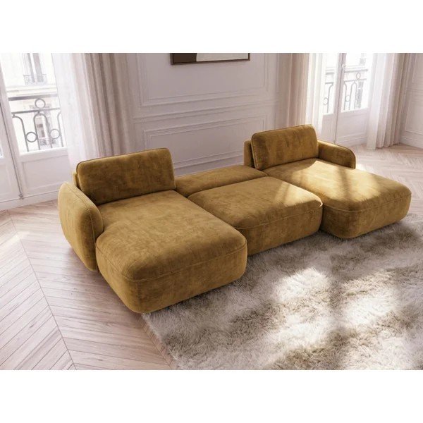 Divano angolare giallo allungabile/con contenitore (a U) con rivestimento in velluto Celeste – Bobochic Paris-image-3