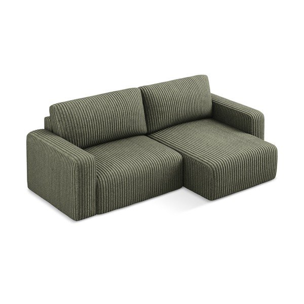 Divano angolare verde allungabile/con contenitore (con penisola a destra/con chaise lounge) con rivestimento in velluto a coste Kona – Makamii-image-3