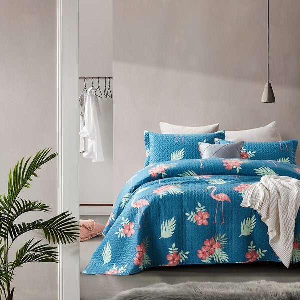 Copriletto in microfibra blu con due federe Flamingo, 250 x 260 cm - Sleeptime