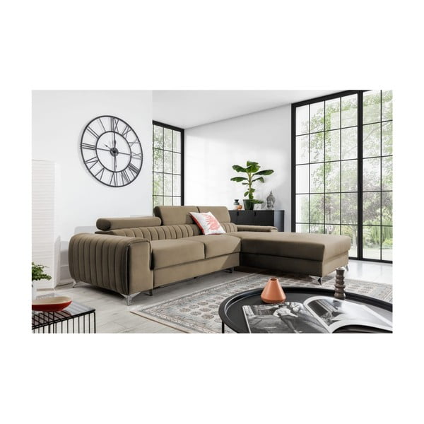 Divano angolare marrone chiaro allungabile/con contenitore (con penisola a destra/con chaise lounge) e rivestimento in velluto Grayson – ELTAP-image-1