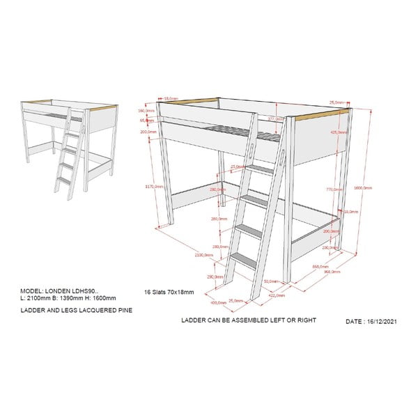 Letto bianco rialzato per bambini 90x200 cm Londen - Vipack-image-3