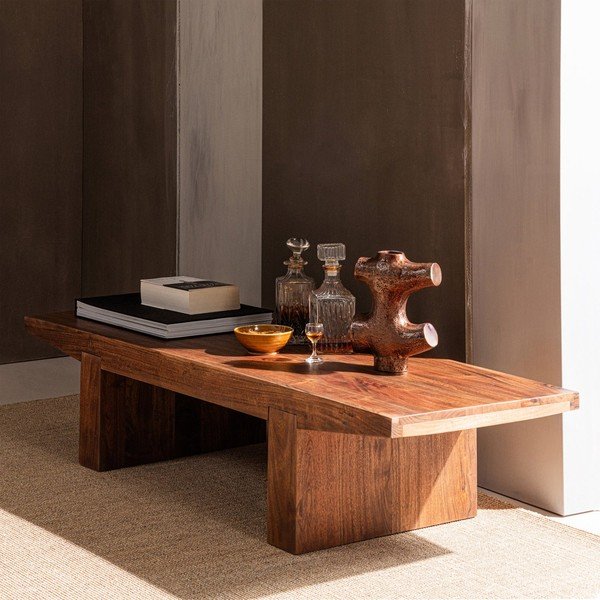 Tavolino da salotto colore naturale scuro in acacia massiccia 48x152 cm Eron – WOOOD-image-1