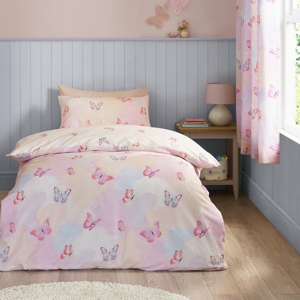 Set copripiumino e federa da bambini rosa per letto singolo 135x200 cm Ombre Butterflies – Catherine Lansfield-image-1