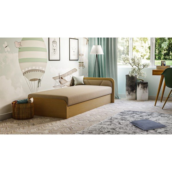 Letto singolo imbottito/in truciolato giallo ocra/beige con contenitore e materasso inclusi 80x190 cm Parys – ELTAP-image-1