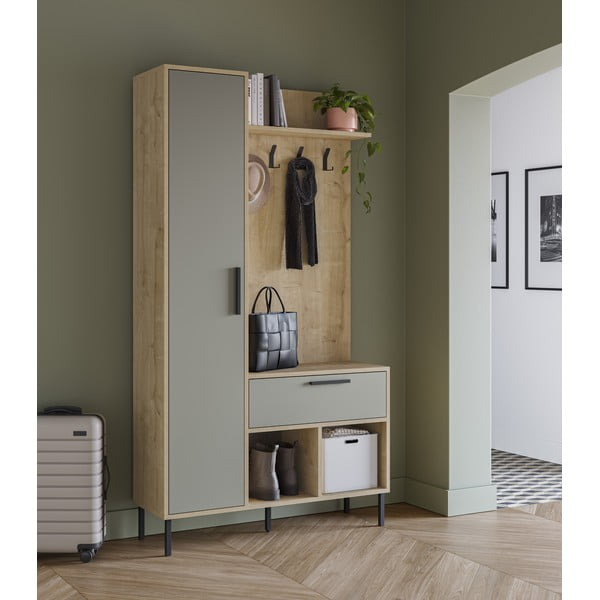 Set da corridoio effetto rovere con decoro verde-naturale 108x195x35 cm Heidy - Marckeric-image-1