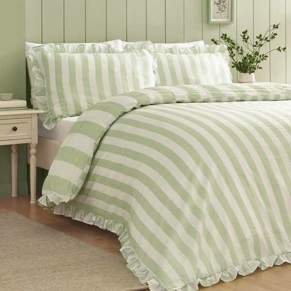 Set copripiumino e federa verde per letto singolo 135x200 cm Seersucker Frill Stripe – Catherine Lansfield-image-1