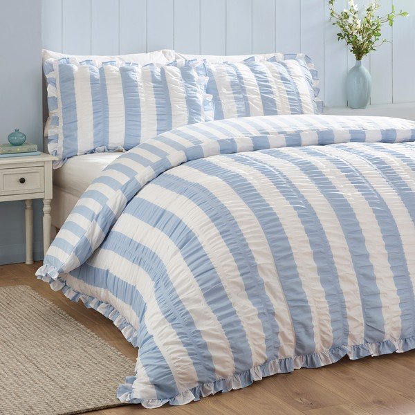 Set copripiumino e federa blu per letto matrimoniale 200x200 cm Seersucker Frill Stripe – Catherine Lansfield-image-1