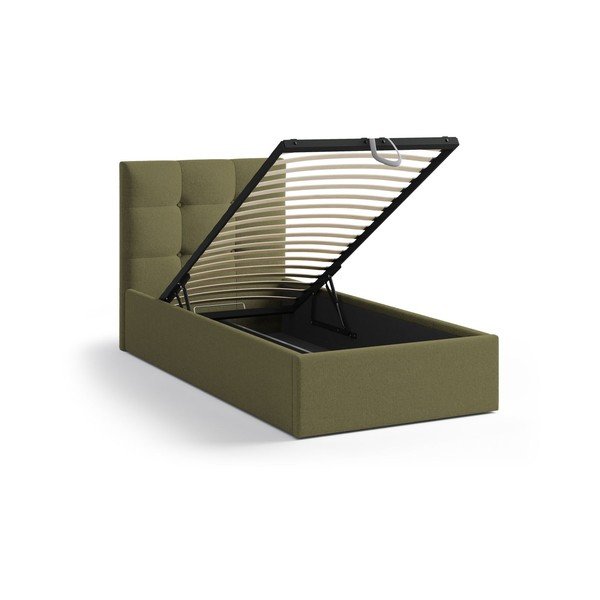 Letto singolo imbottito verde con contenitore con rete inclusa 90x200 cm Phaedra – Micadoni -image-1