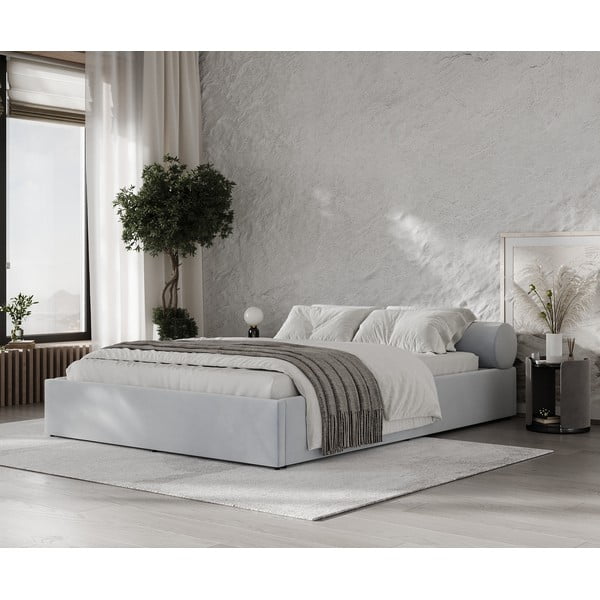 Letto matrimoniale imbottito grigio chiaro con contenitore e rete inclusi 200x200 cm Solvo – Maison de Rêve-image-1