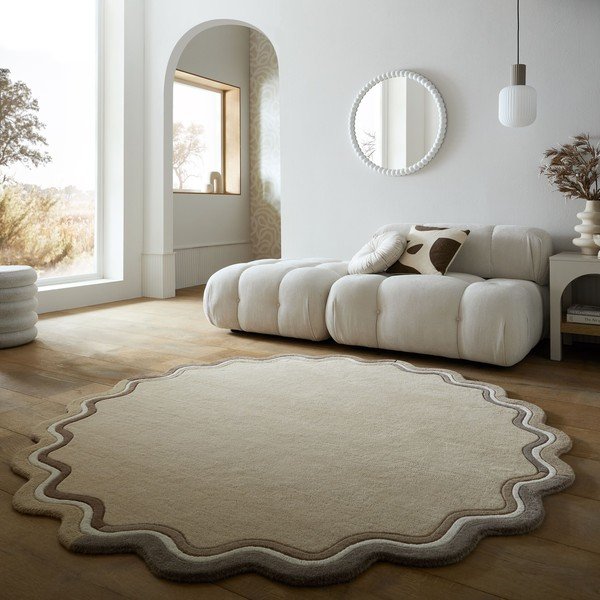 Tappeto rotondo di colore naturale in lana tessuto a mano ø 180 cm Leo Scallop – Flair Rugs-image-1
