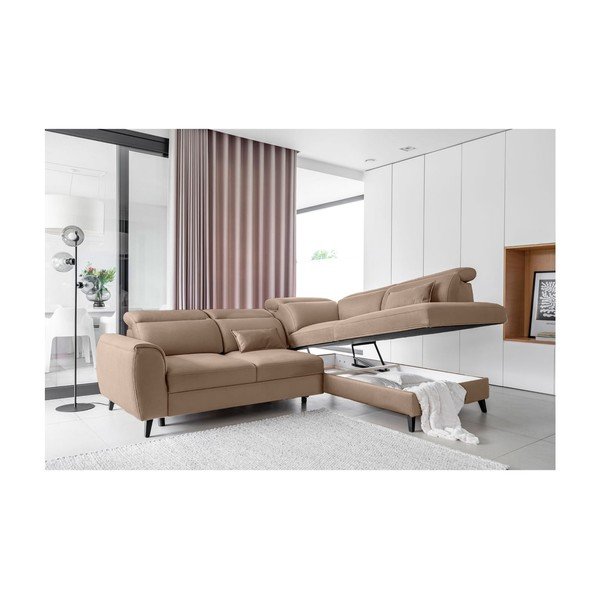 Divano angolare marrone chiaro allungabile/con contenitore (con penisola a destra/a L) e rivestimento in velluto Noble – ELTAP-image-3