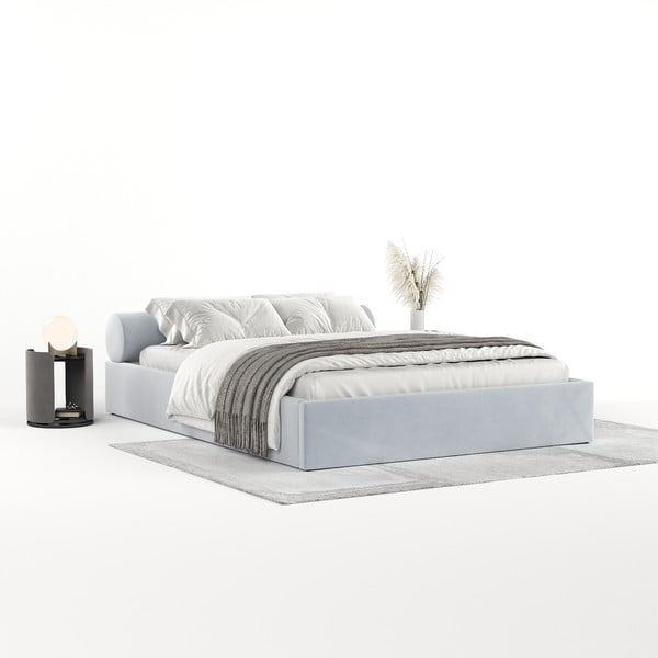 Letto matrimoniale imbottito grigio chiaro con contenitore e rete inclusi 200x200 cm Solvo – Maison de Rêve-image-3