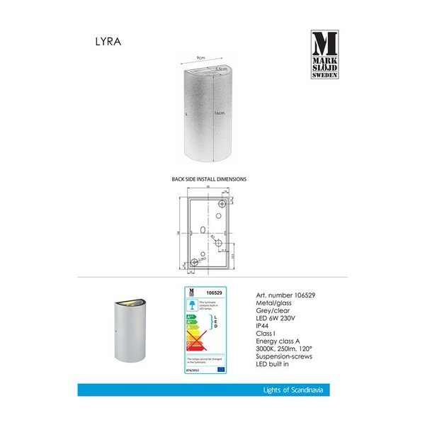 Lampada da parete grigia Lyra - Markslöjd-image-2