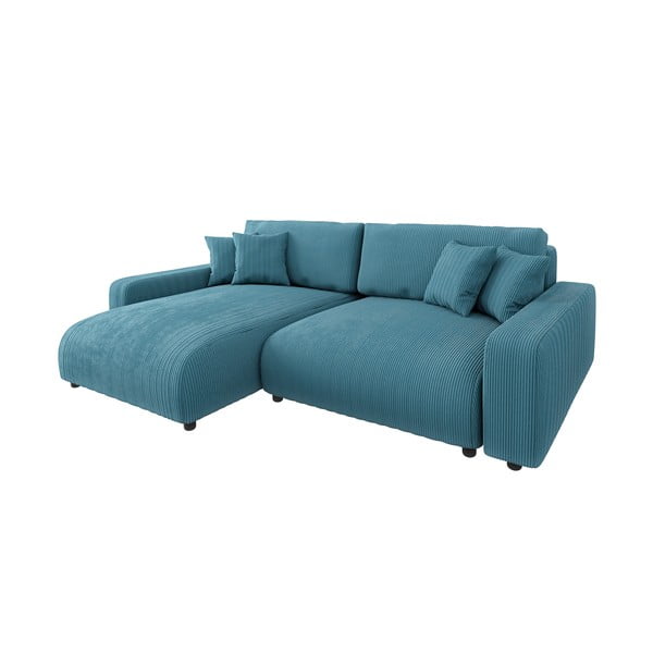 Divano angolare turchese allungabile con rivestimento in velluto a coste Sara – Ropez-image-2