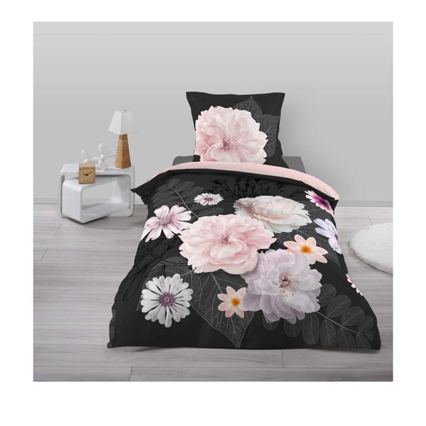 Biancheria da letto nera/rosa in cotone per letto singolo 140x200 cm Floral – douceur d'intérieur