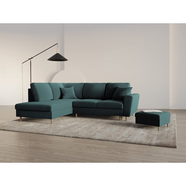 Divano angolare color petrolio allungabile e con contenitore (con penisola a sinistra/a L) con rivestimento in velluto Kyoto – Cosmopolitan Design-image-2