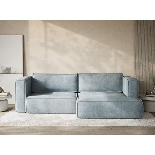 Divano angolare azzurro allungabile/con contenitore (con penisola a destra/con chaise lounge) con rivestimento in ciniglia Velto – Maison de Rêve-image-1