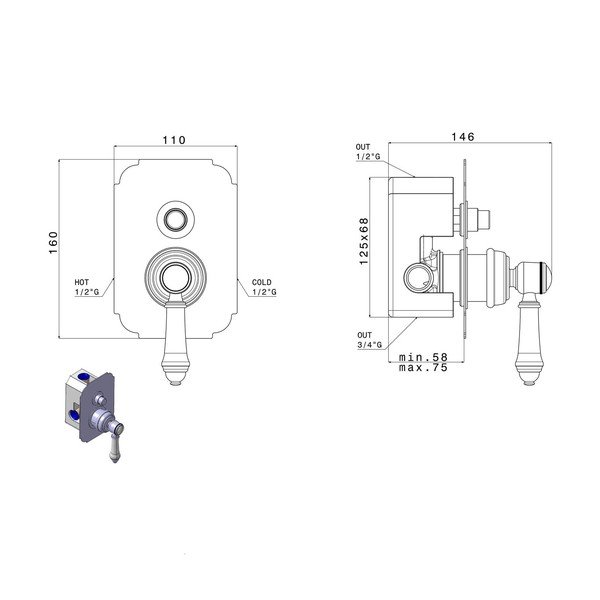 Rubinetto per doccia color bronzo da incasso (con due uscite) Vienna – Sapho-image-1