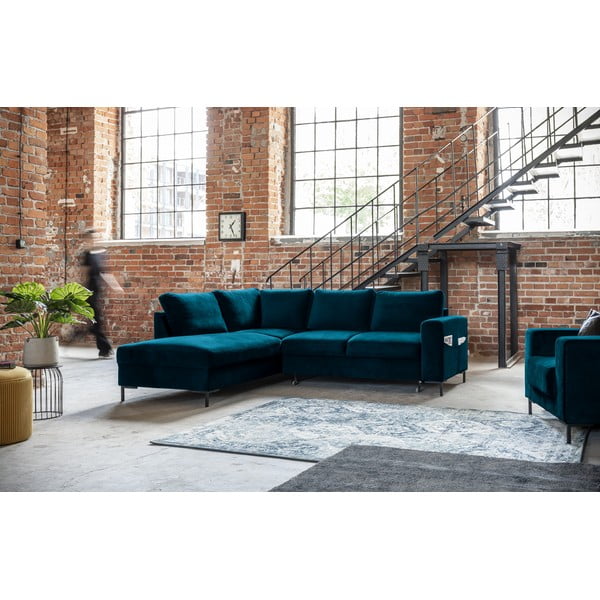 Divano letto angolare in velluto turchese (angolo sinistro) Lofty Lilly - Miuform-image-1