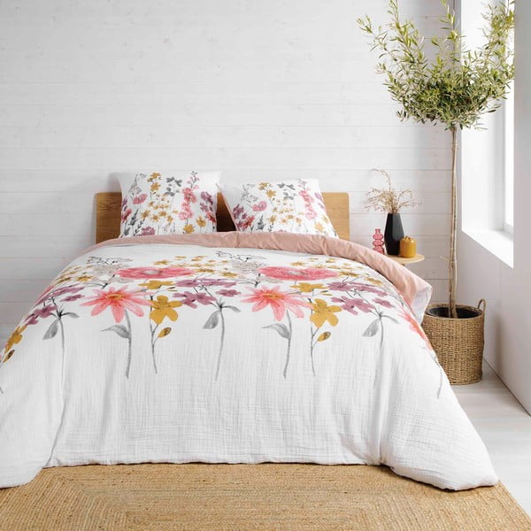 Biancheria da letto in mussola estesa bianca e rosa per letto matrimoniale 220x240 cm Rosine - douceur d'intérieur