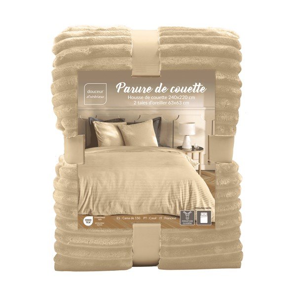 Set copripiumino e federa beige in flanella per letto matrimoniale/per letto esteso 3 pezzi 240x220 cm Veloutea – douceur d'intérieur-image-4
