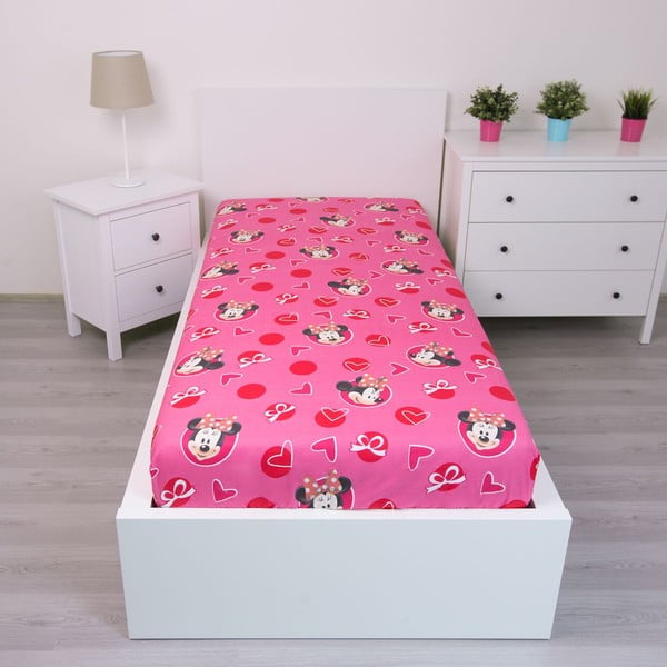 Lenzuolo con angoli per bambini rosa in cotone 90x200 cm Minnie "Hearts" – Jerry Fabrics-image-1