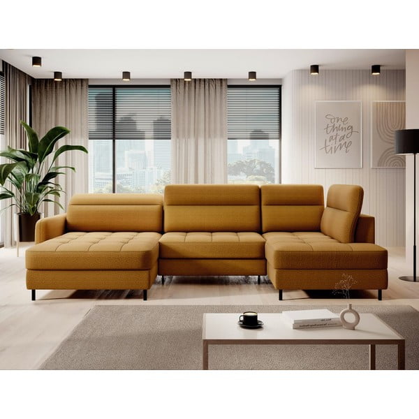 Divano angolare giallo allungabile/con contenitore (con penisola a destra/a U) e rivestimento in velluto Berrto – ELTAP-image-1