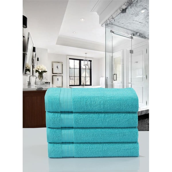 Set di 4 asciugamani in cotone turchese 50x100 cm - Good Morning-image-1