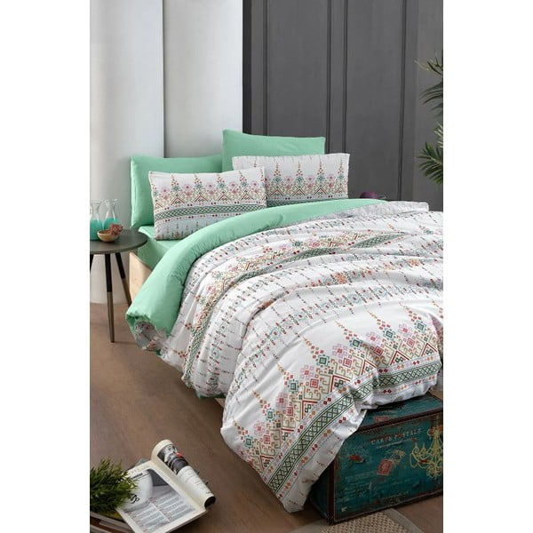 Biancheria da letto bianca/verde per letto matrimoniale/per letto prolungato con lenzuolo incluso/con 4 pezzi 200x220 cm Ethnic – Mila Home