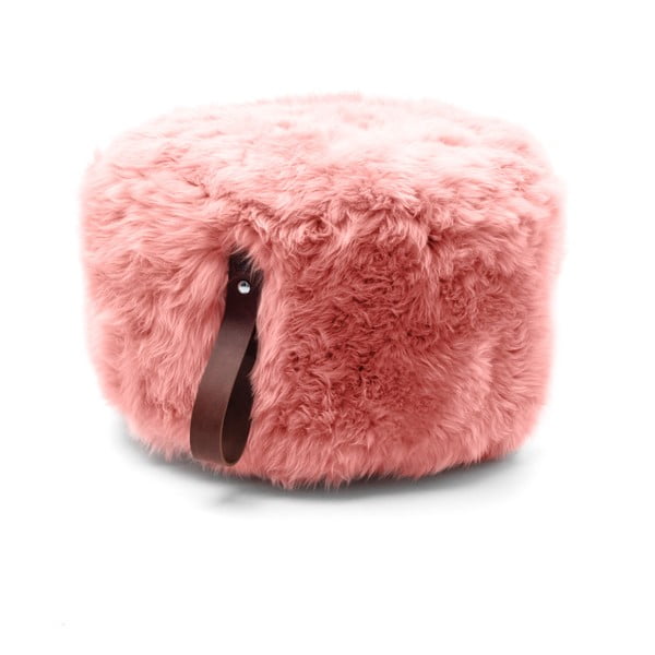 Pouf in pelle di pecora rosa con passante marrone, Ø 60 cm - Royal Dream